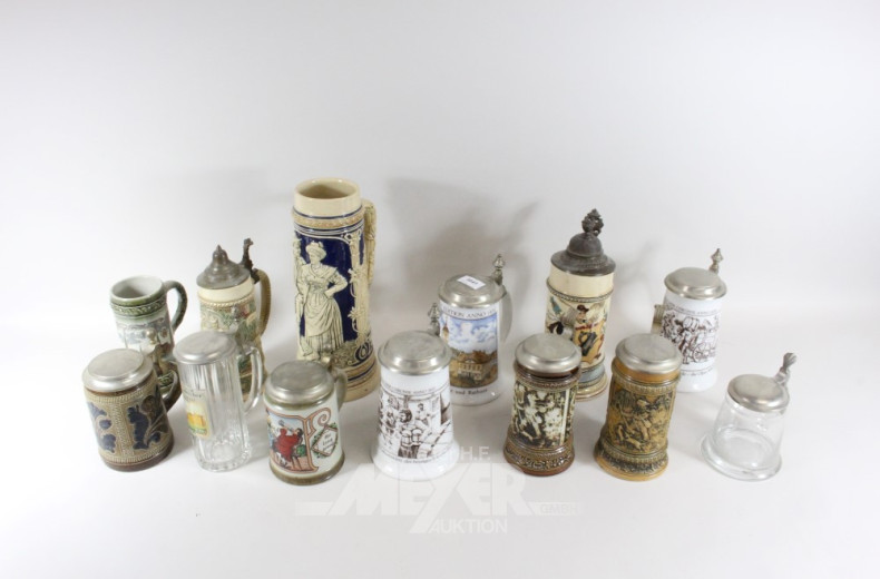 13 versch. Bierkrüge, teilw. mit