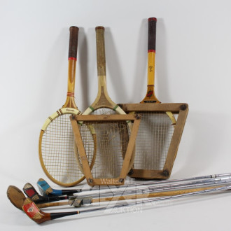 3 Holz-Tennisschläger u. 4 alte
