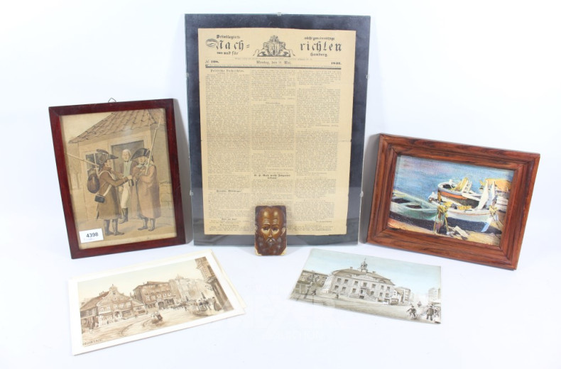 4 versch. Bilder und 1 Zeitungsseite: