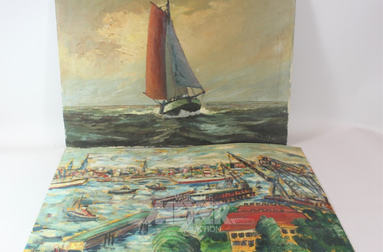 3 Gemälde ''Fischerboot, Hafen, Bauernhof''