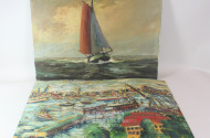 3 Gemälde ''Fischerboot, Hafen, Bauernhof''