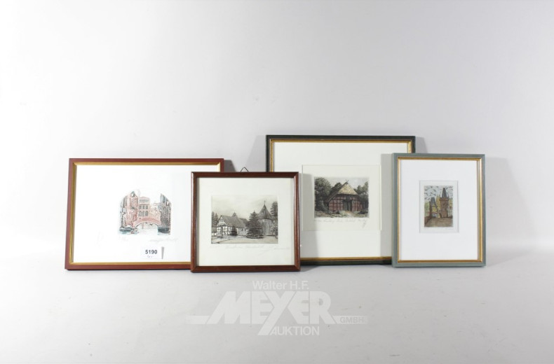 4 kl. color. Radierungen ''Haus-u. Stadtansichten'',