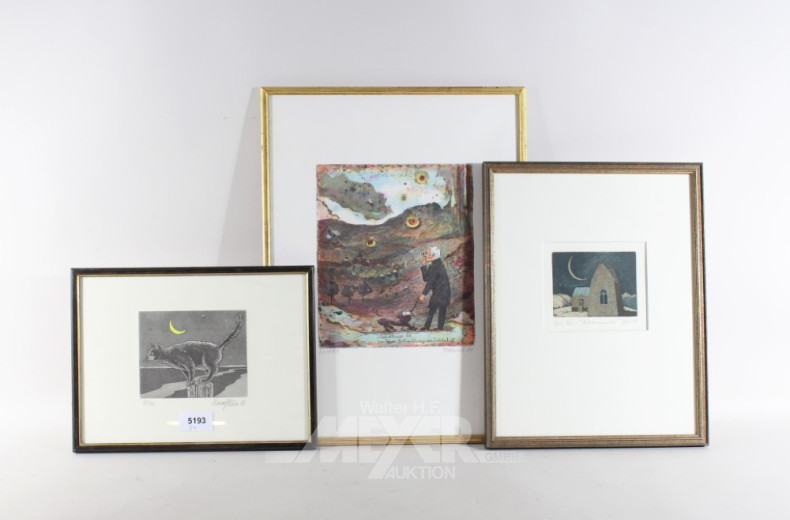 3 versch. color. Graphiken ''Katze,