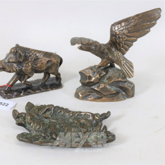 3 Teile Bronze: Wildschweine u. Adler