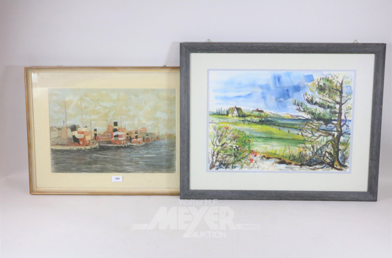4 Aquarelle ''Landschaften/Hafenschlepper/