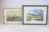 4 Aquarelle ''Landschaften/Hafenschlepper/