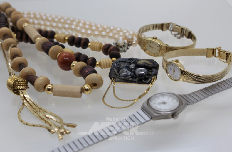3 Armbanduhren, Modeschmuck, Zahngold