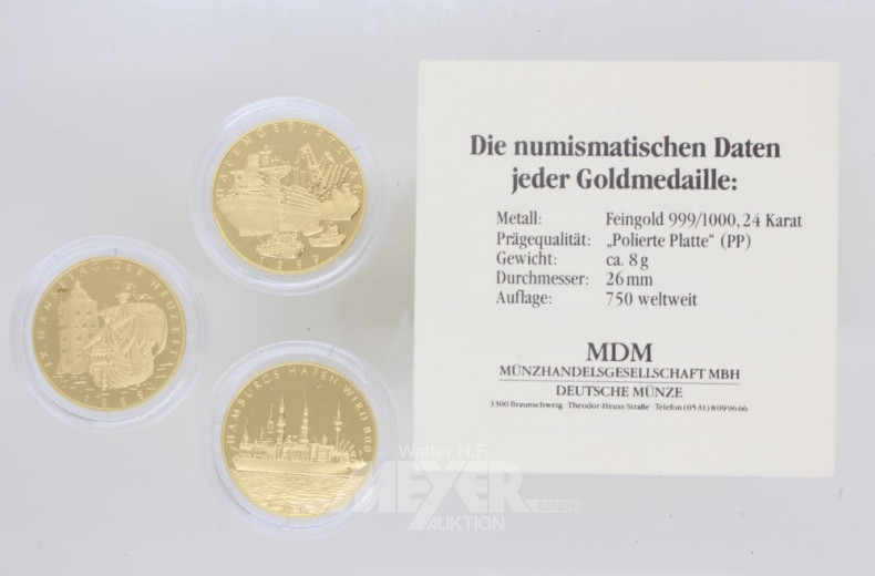 3 Gedenk-Medaillen, 999er Feingold