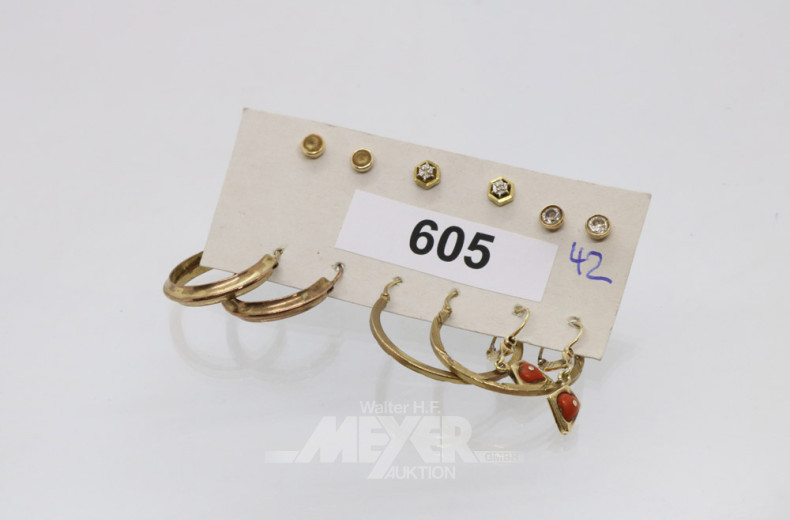 6 Paar Ohrringe, 333er GG