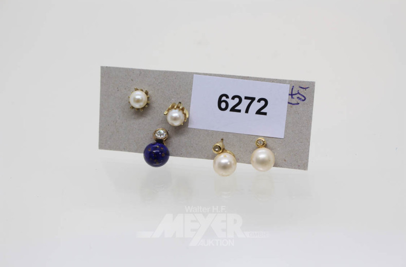 2 Paar Ohrringe, GG, besetzt mit Perlen