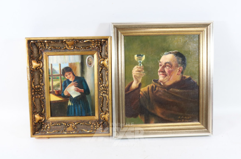 2 Gemälde ''Die Lesende'' u. ''Mönch''