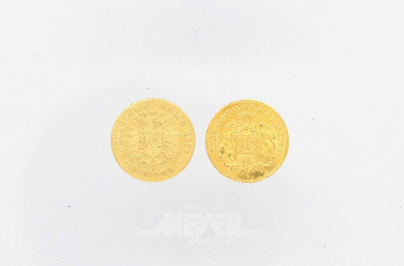 2 Goldmünzen ''5 Mark'', 1877