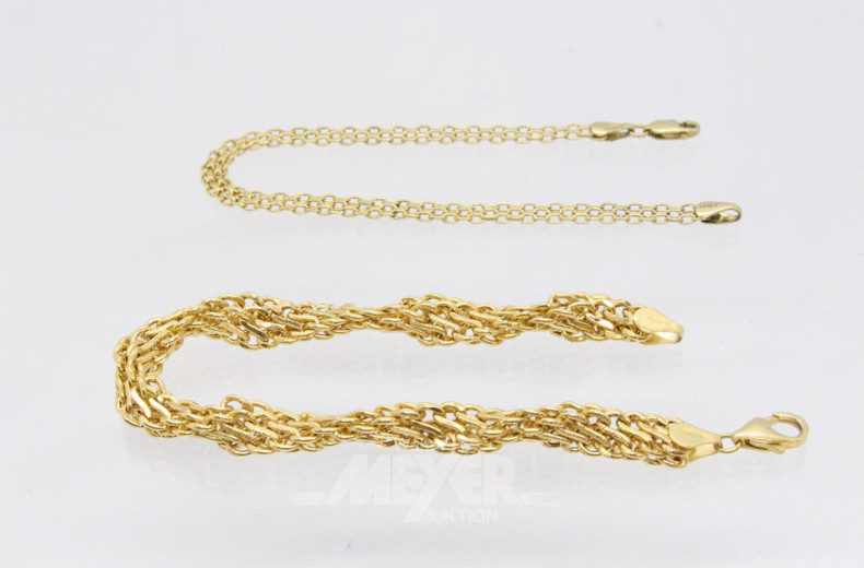 2 Armbänder, 585er GG, ca. 11 g.
