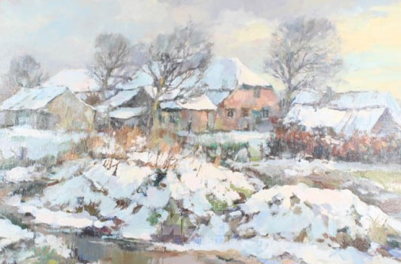 Paar Gemälde, ''wint. Dorfansicht; Gehöft