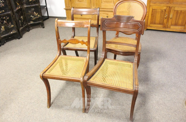 4 versch. Stühle mit Rohrgeflecht,