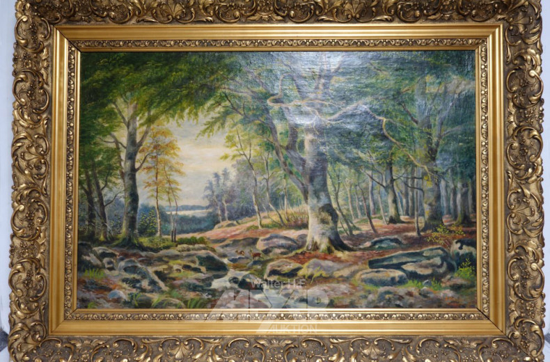 Gemälde, ''Waldlandschaft mit Rotwild''