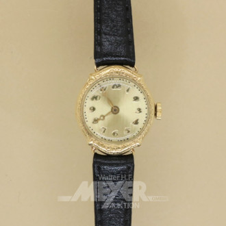 Damenarmbanduhr, 585er GG, Lederarmband