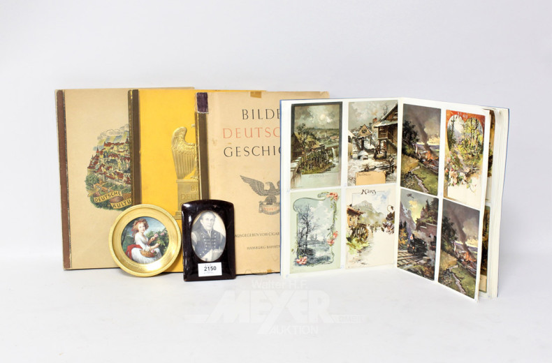 3 Sammelalben, 1 Postkartensammlung,