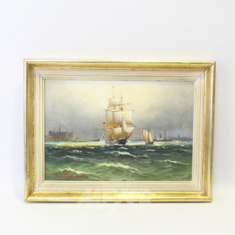 Gemälde, ''Segelschiffe vor der Stadt'',