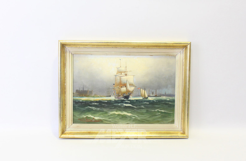 Gemälde, ''Segelschiffe vor der Stadt'',
