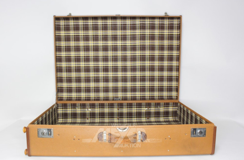 antiker Koffer, beige, mit Holzstreben