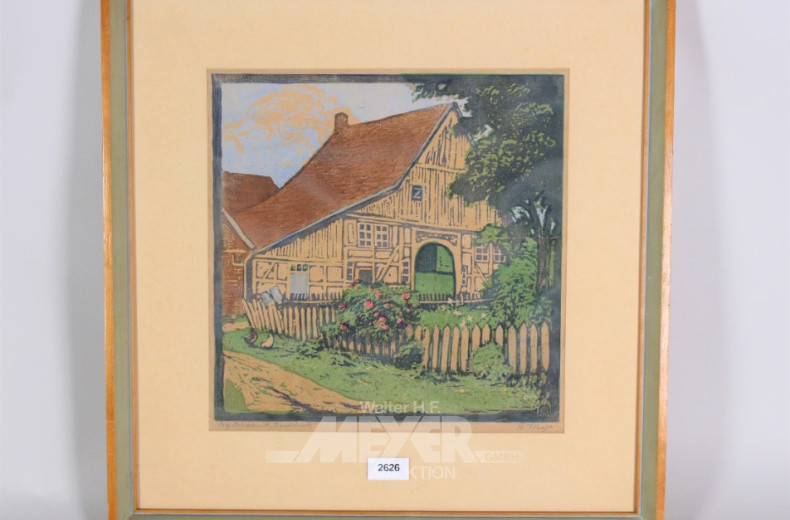 Farbholzschnitt/Handdruck, ''Bauernhaus''