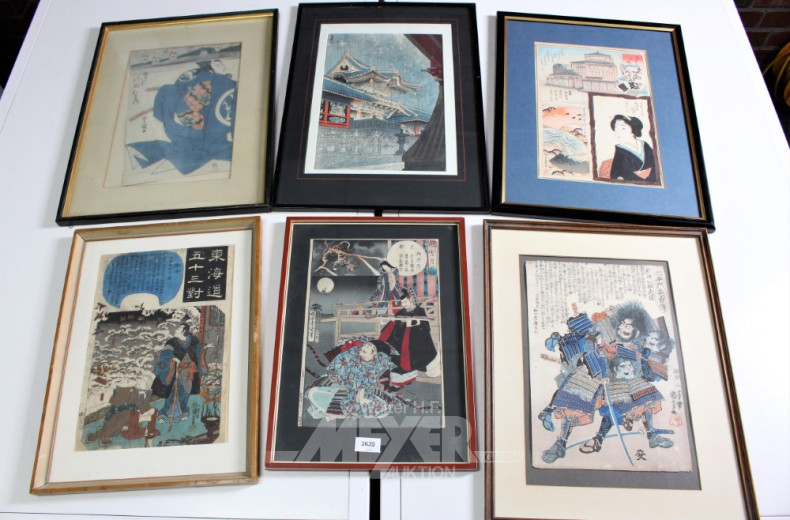 6 Farbgraphiken, Japan, einzeln gerahmt