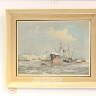 Gemälde, ''Frachter im Hafen''