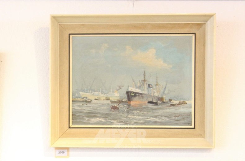 Gemälde, ''Frachter im Hafen''