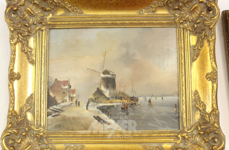 Gemälde, ''Winterl. Landschaft mit Mühle''