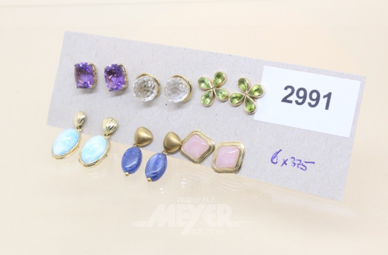 6 Paar Ohrringe, 375er GG