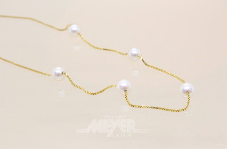 Halskette, 375er GG, mit 5 Perlen,