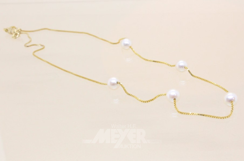 Halskette, 375er GG, mit 5 Perlen,