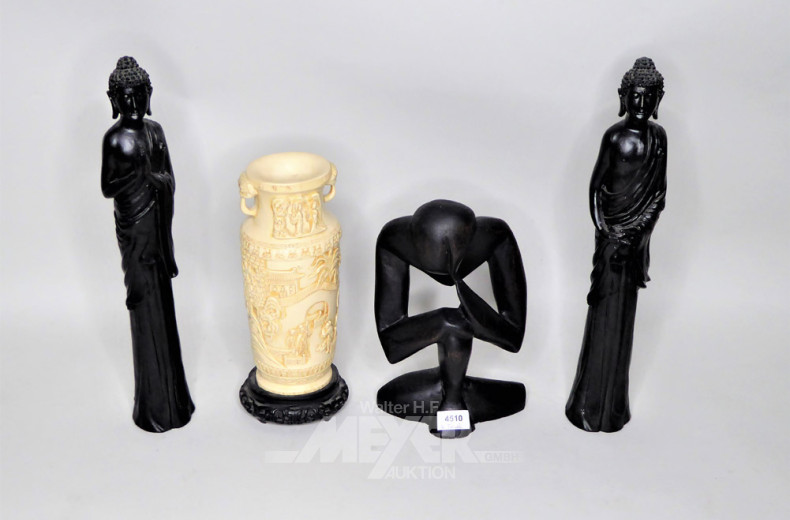 3 Dekofiguren und 1 asiatische Vase