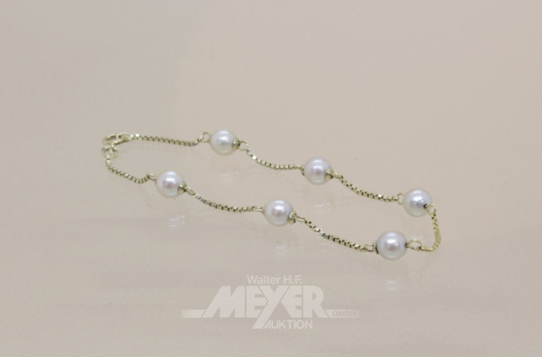 Armband, 585er GG, besetzt mit 6 Perlen,