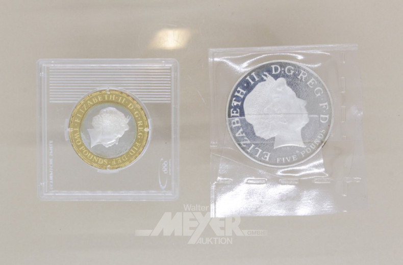 2 Münzen Five + Two Pounds Elizabeth II,