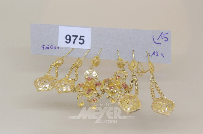 3 Paar Ohrgehänge, 750er GG, ca. 19 g