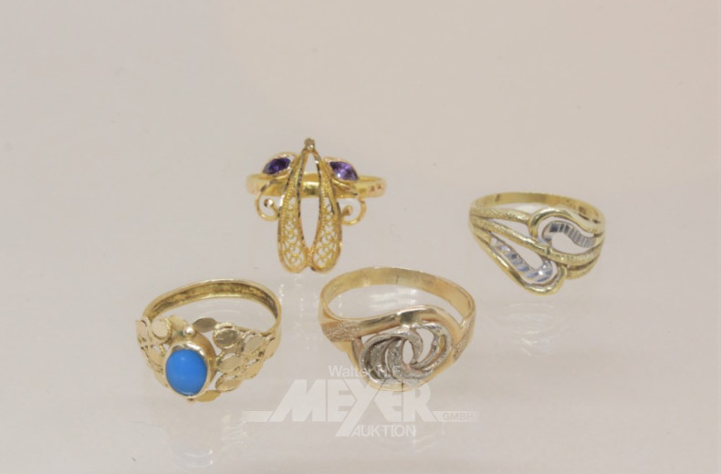 4 Damenringe, 750er GG, ca. 13 g