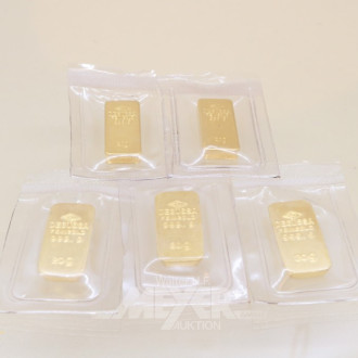5 Goldbarren DEGUSSA, je ca. 20 g