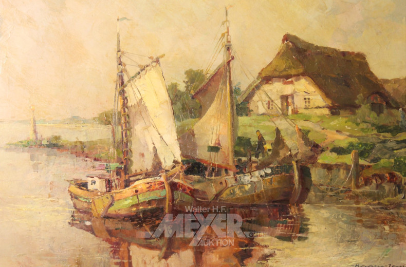 Gemälde ''Fischerboote vor Reetdachkate''