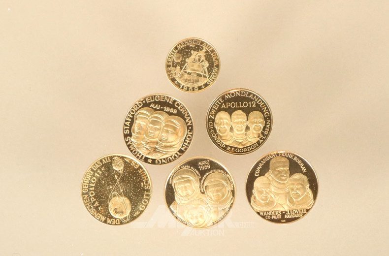6 Gedenkmedaillen APOLLO, 900er GG