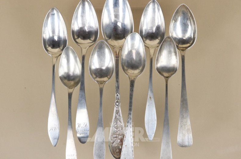9 versch. Kaffeelöffel, Silber