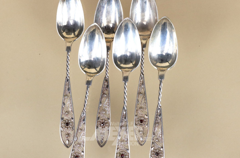6 Kaffelöffel, Silber mit rotem Stein
