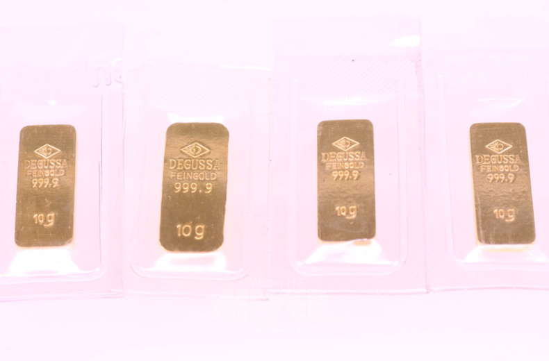 4 kl. Goldbarren DEGUSSA, je 10 g
