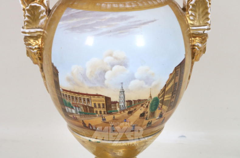 antike Vase, goldfarben mit Stadtmotiv,