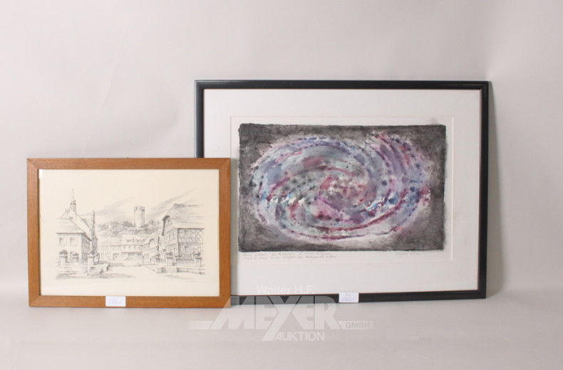 4 versch. Bilder: Landschaft, Dorfansicht,